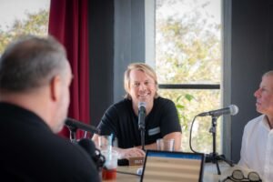 Chandler Williams, photographer and owner of Modus Art Gallery and Photography Studio. His stunning photo seascapes and landscapes transform the natural beauty of our surroundings into transcendant works of art. (R) Bud & allie's owner, Dave Rauschkolb